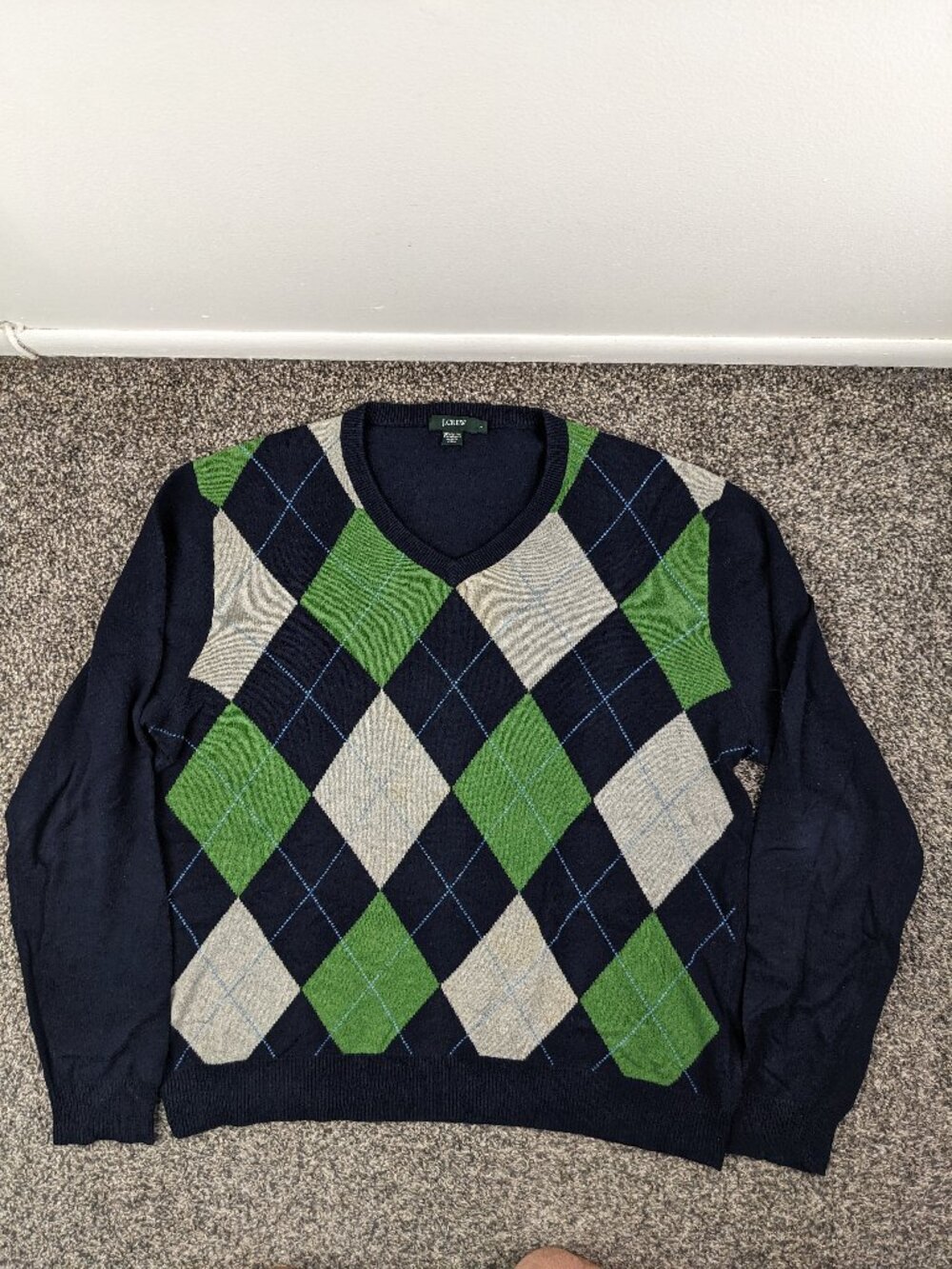Vintage 2005 J Crew Sweater Cotton Cashmere Argyle Blue Green Mens Large *Flaw